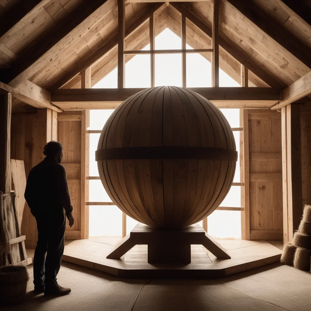 Prompt: A silhouette of a man entering a wooden sphere through the bottom.  The sphere is inside wood framework, and built out of wood. All inside a barn loft.