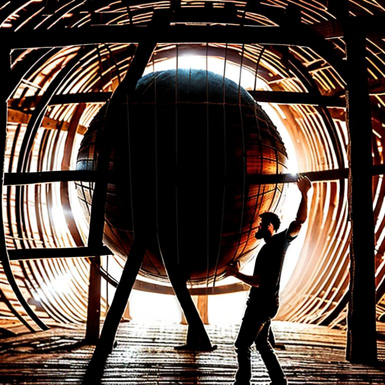 Prompt: Silhouette of a man entering wooden sphere, wooden framework structure, barn loft, oil painting, rustic and warm color tones, dramatic lighting, candle light, detailed wood textures, rustic atmosphere, high quality, oil painting, silhouette, working, wooden sphere, barn loft, rustic, warm tones, detailed textures, dramatic lighting, atmospheric