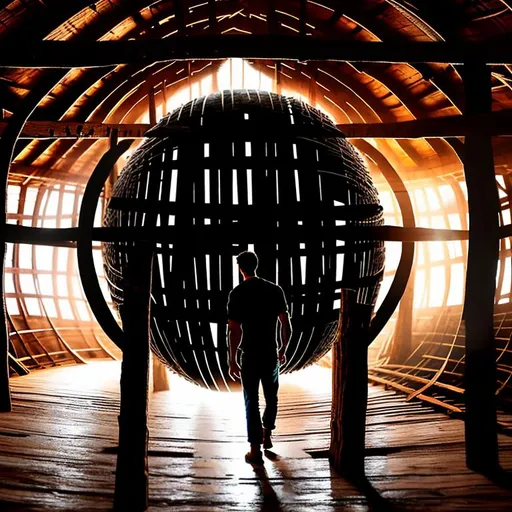 Prompt: Silhouette of a man entering wooden sphere, wooden framework structure, barn loft, oil painting, rustic and warm color tones, dramatic lighting, candle light, detailed wood textures, rustic atmosphere, high quality, oil painting, silhouette, working, wooden sphere, barn loft, rustic, warm tones, detailed textures, dramatic lighting, atmospheric