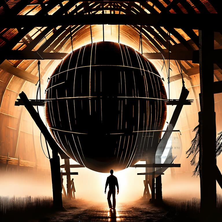 Prompt: Silhouette of a man entering wooden sphere, wooden framework structure, barn loft, oil painting, rustic and warm color tones, dramatic lighting, candle light, detailed wood textures, rustic atmosphere, high quality, oil painting, silhouette, working, wooden sphere, barn loft, rustic, warm tones, detailed textures, dramatic lighting, atmospheric