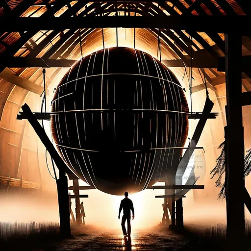 Prompt: Silhouette of a man entering wooden sphere, wooden framework structure, barn loft, oil painting, rustic and warm color tones, dramatic lighting, candle light, detailed wood textures, rustic atmosphere, high quality, oil painting, silhouette, working, wooden sphere, barn loft, rustic, warm tones, detailed textures, dramatic lighting, atmospheric