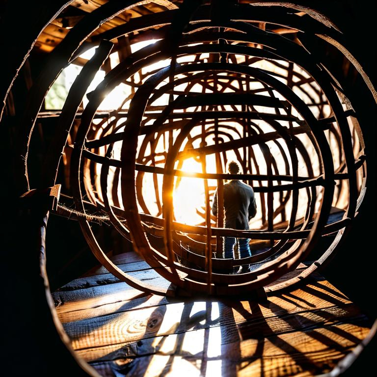 Prompt: Silhouette of a man entering wooden sphere, wooden framework structure, barn loft, oil painting, rustic and warm color tones, dramatic lighting, candle light, detailed wood textures, rustic atmosphere, high quality, oil painting, silhouette, working, wooden sphere, barn loft, rustic, warm tones, detailed textures, dramatic lighting, wooden framework, atmospheric