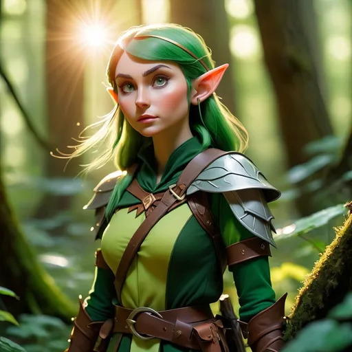 Prompt: Elf ranger in a mystical forest around sunlight
