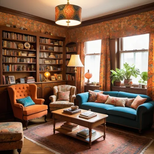 Prompt: (1970s style living room), vibrant colors, retro patterned wallpaper, plush (cozy sofa), classic wooden bookshelves filled with books, vintage lamps casting warm light, eclectic decor elements, inviting ambiance, nostalgic feel, high detail, (ultra-detailed) and inviting atmosphere, warm, homey, sunlight filtering through window, capturing the essence of the era.