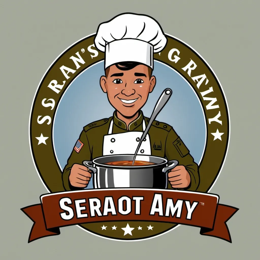 Prompt: A cartoon logo of a brown US Army sergeant in a chef's hat stirring a pot with the words Sergeant Savor under neath