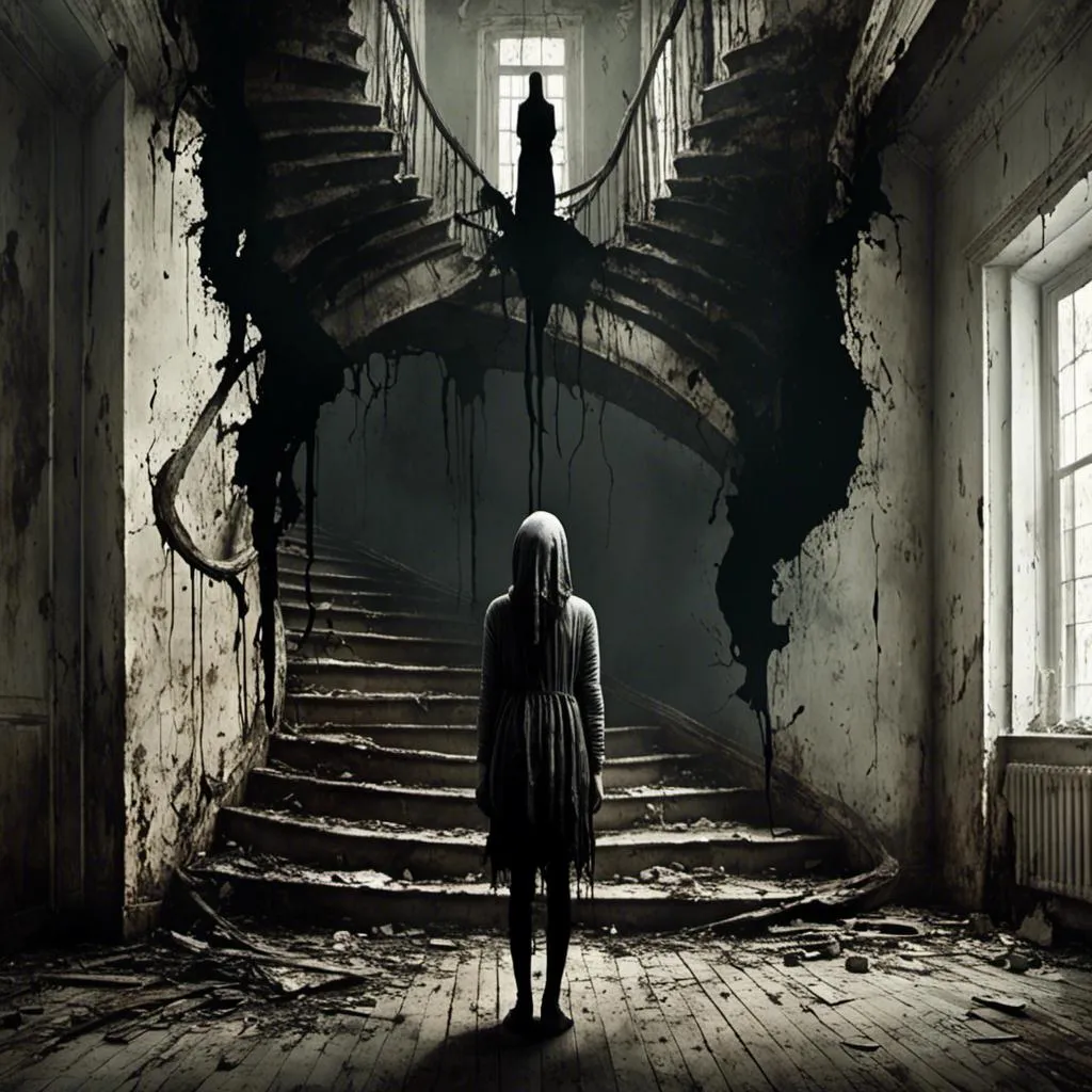 Prompt: <mymodel> a faceless female standing in A modern living room with a stairway leading up to a second floor. dark, scary, rot, death, melting wax