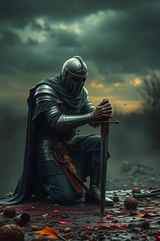 Prompt: Rendered in 8k hyperrealistic  uhd , splash art, Kneeling on a bloody battlefield, a worn and tired templer knight prays for mercy, sword in hand, darken skies, grim, ethereal aroura,  