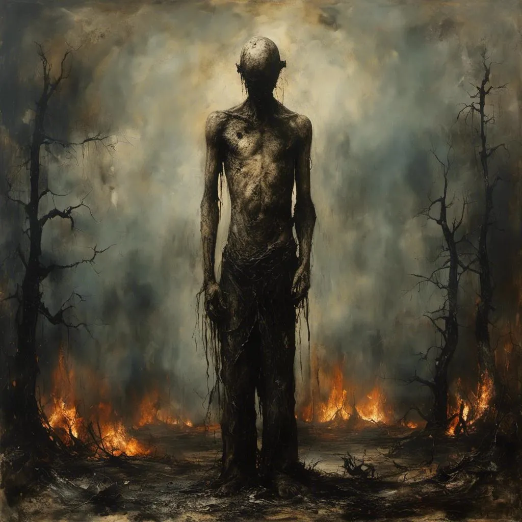 Prompt: <mymodel>  ken currie, obscene, evil, figure standing over a desolate forest, fire, smoke, 