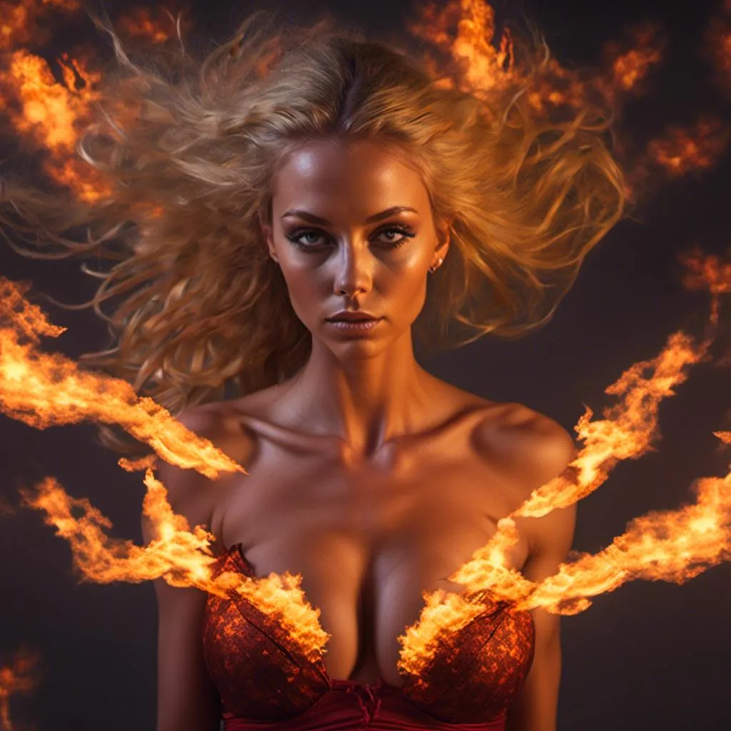 Prompt: <mymodel> Photograph realism, a hyperrealistic professional photograph of a fire goddess,floating in the flames, hair made of fire, fire in her eyes, fire erupting from the side, smoke and fire, dramatic, fire surrounding her body, full frame