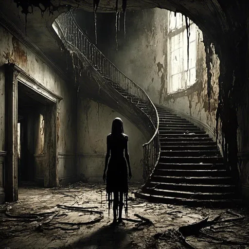 Prompt: <mymodel> a faceless female standing in A modern living room with a stairway leading up to a second floor. dark, scary, rot, death, melting wax