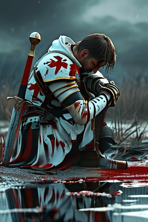 Prompt: Rendered in 8k hyperrealistic  uhd , splash art, Kneeling on a bloody battlefield, a worn and tired templer knight prays for mercy, sword in hand, dirty white sash, red cross, darken skies, grim, ethereal aroura,  