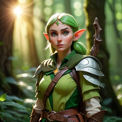 Prompt: Elf ranger in a mystical forest around sunlight