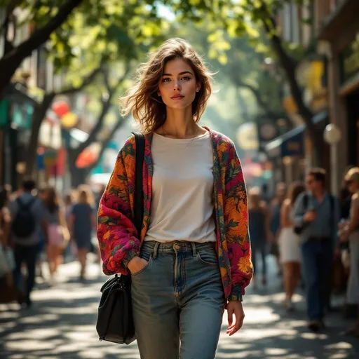 Prompt: Tall young woman walking down the high street, detailed clothing, realistic, natural lighting