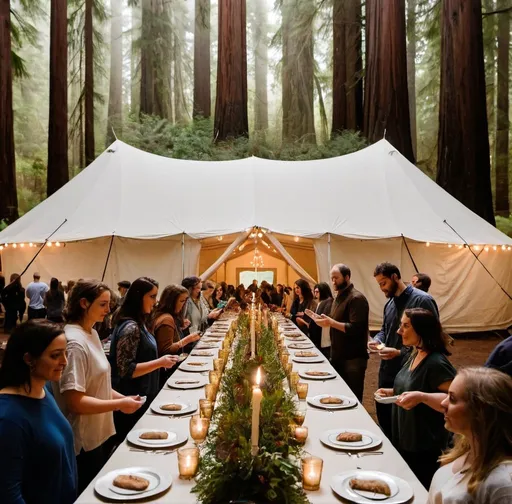 Prompt: A beautiful shabbat dinner hosted under a tent in the middle of the redwood forest in Humboldt county California 