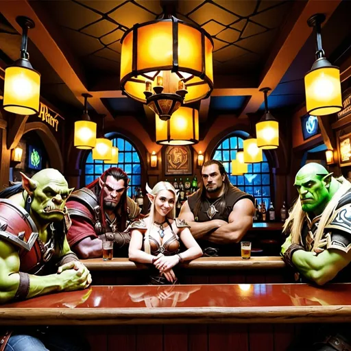 Prompt: an interior of a  bar named Paddy's azeroth pub, i want 3 people sitting at the bar, a warcraft orc, a warcraft blood elf and a warcraft human . make this meme style with the caption we don;t get paid enough to do LFR