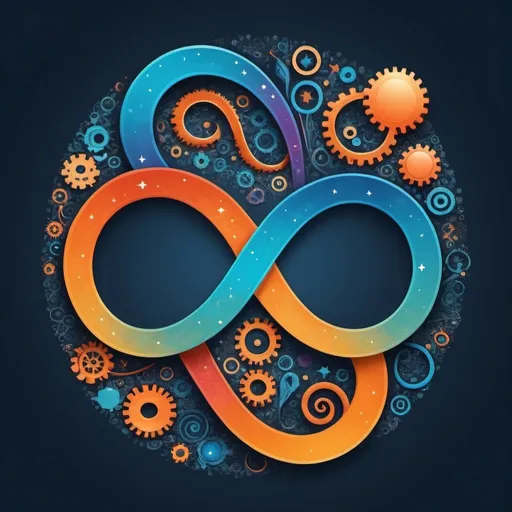 Prompt: Central Image: An abstract representation of an infinity symbol, made up of various artistic elements like brushes, pencils, gears, and digital icons (like a mouse cursor, camera, etc.). This symbolizes the endless possibilities of creativity.Background: Subtle gradient transitioning from a cool blue on the left to a warm orange on the right, representing the spectrum of inspiration and ideas.Text: Above the infinity symbol, in a sleek, modern font, the text reads: "Creativity Beyond Limits."Additional Elements: Small, intricate patterns of stars and waves emanating from the infinity symbol to add a dynamic feel.Color Scheme: Vibrant yet harmonious colors to make the design pop, with a mix of bright and pastel tones for contrast.Placement: Center of the t-shirt, with the design extending slightly towards the shoulders and down towards the waist for a wrap-around effect.