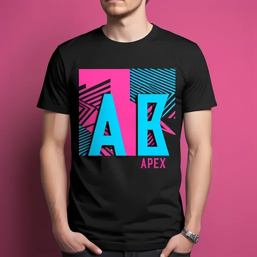 Prompt: 
"Generate a design for a shirt with a modern, minimalist style, incorporating the brand name 'Apex' in bold, black and white typography, with a geometric pattern in neon pink and electric blue, and a playful, edgy atmosphere."