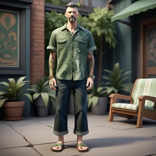 Prompt: "full body realistic male avatar wearing "Tiffosi Denim brand " clothing, wide leg dark raw denim jeans with turn up, short sleeve shirt with camp collar, green tones with leeves abstract pattern allover, slip on Birkenstock model Boston on the feet, with old school tattoos" 