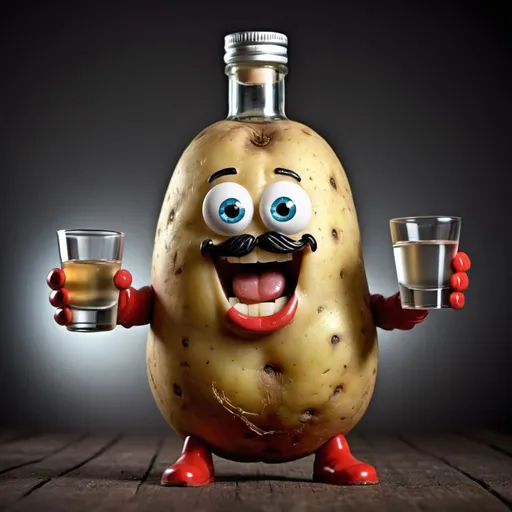 Prompt: funny potato with vodka in hands