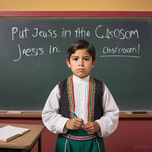 Prompt: Young Mexican boy in traditional early 1900s Mexican attire, standing in classroom near chalkboard, writing on chalkboard says, "put Jesus back in the classroom", Herbert Block style cartoon, hyper-realistic, colorful, comedic, exaggerated facial expressions 