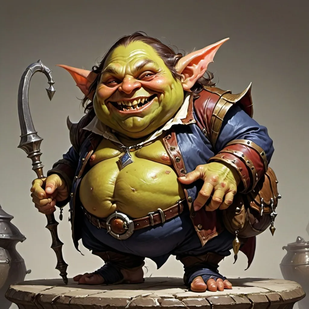 Prompt: a fat, happy, goblin sorcerer with sideburns