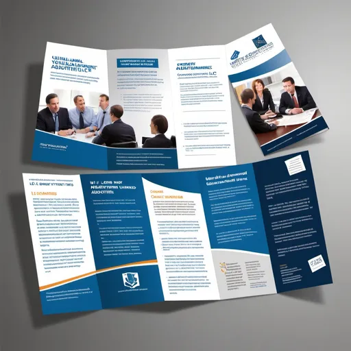 Prompt: "Create a visual of a professional tri-fold brochure for United Government Auditors, LLC. The brochure should have three panels per side, featuring images and text. The front panel should show a title 'Recover Your Unclaimed Surplus Funds with Ease,' a person holding a check, and the company logo. Inside, one panel should describe unclaimed surplus funds with an infographic explaining the process. Another panel should show the company's services in a flowchart, including steps such as locating funds, handling paperwork, and recovering money. The third panel should outline reasons to choose the company, showing a client shaking hands with a professional. The back panel should feature contact information, FAQs, and a call to action, with icons and social media links. Use a clean, professional style with blue and white colors, and visually pleasing design elements to break up the text."