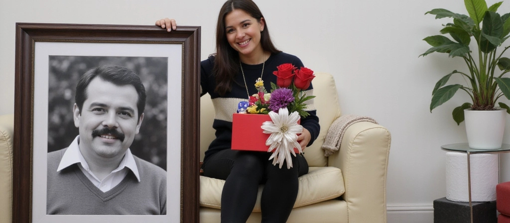 Prompt: In a warmly lit indoor setting, a young woman sits on a cream-colored sofa, smiling as she proudly holds a large framed black-and-white portrait of a man, who has a distinguished mustache and a friendly expression. She wears a cozy black sweater adorned with a light-colored stripe, and next to her is a vibrant red gift box overflowing with an assortment of colorful flowers, including striking red and purple roses, alongside decorative elements like a small toy. Lush green plants in white pots are visible in the background, adding a touch of life to the scene. The atmosphere radiates joy and celebration, hinting at a special occasion or tribute to the portrait's subject.