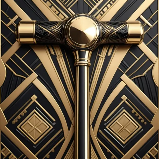 Prompt: Art deco-style hammer, sleek metallic design, intricate geometric patterns, polished gold and black color scheme, luxurious and detailed craftsmanship, high quality, 4k resolution, art deco, detailed metalwork, sleek design, gold and black, luxurious, polished finish