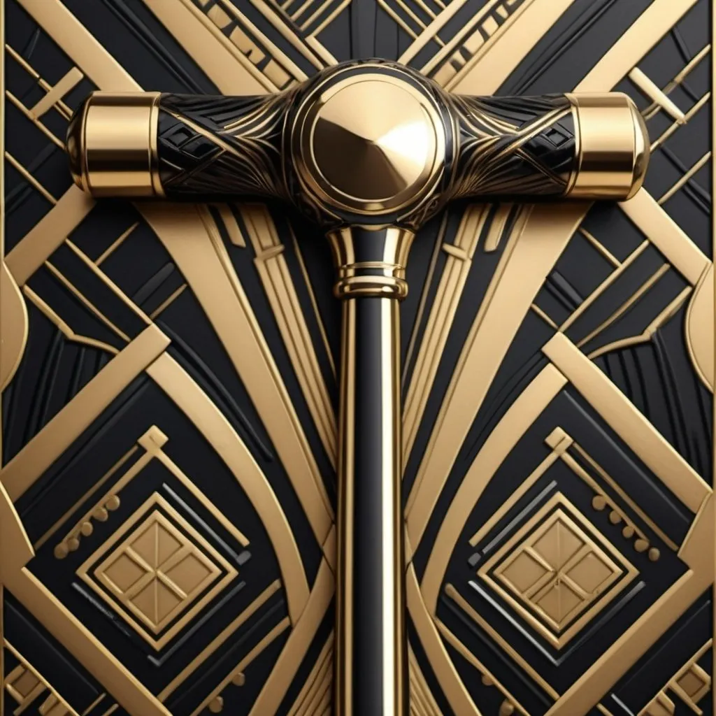 Prompt: Art deco-style hammer, sleek metallic design, intricate geometric patterns, polished gold and black color scheme, luxurious and detailed craftsmanship, high quality, 4k resolution, art deco, detailed metalwork, sleek design, gold and black, luxurious, polished finish