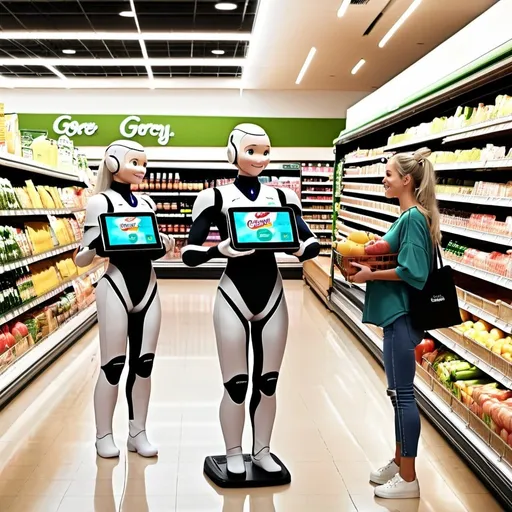 Prompt: Humanoid robots interacting with real humans inside of a grocery store