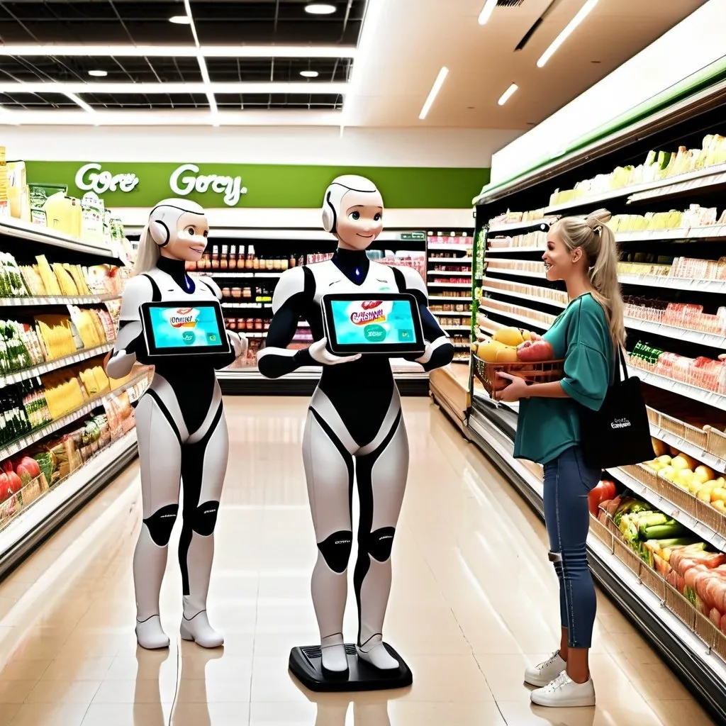 Prompt: Humanoid robots interacting with real humans inside of a grocery store