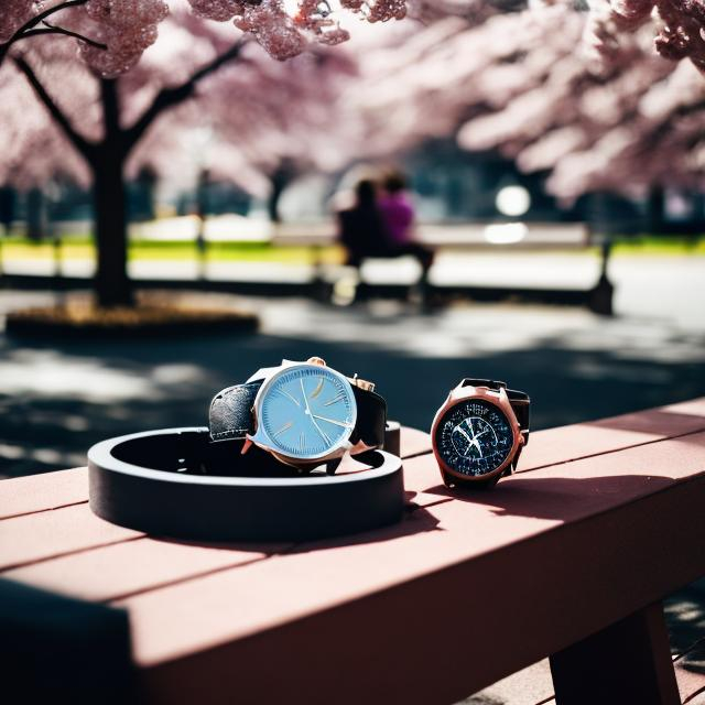 Prompt: A men watch and women's watch in parkbench near a flowering tree
