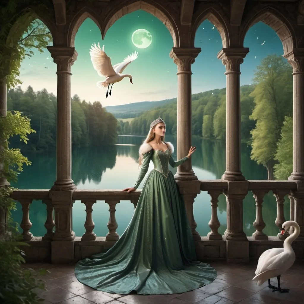 Prompt: Beautiful medieval princess in a castle balconyh overlooking a green forest and a sparkling lake, moon shining, swans swimming across, owl flying above
