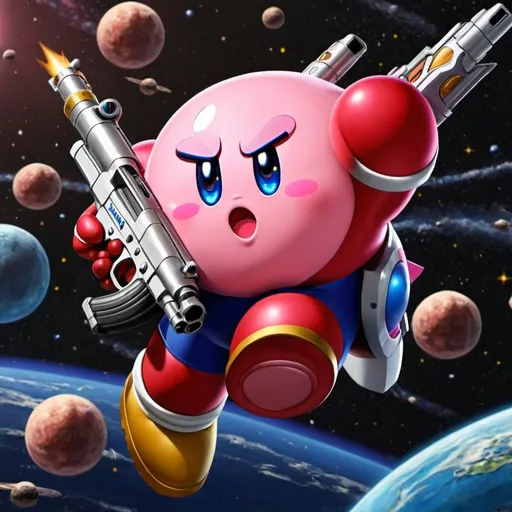 Prompt: kirby in space with guns