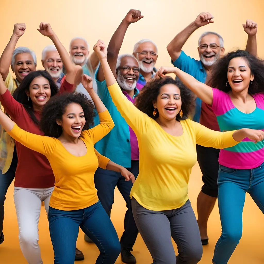 Prompt: Diverse (ethnically, age, and ability) group of people jubilantly dancing with bright colors.