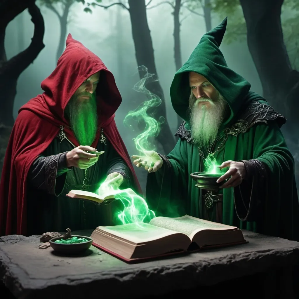 Prompt: dark wizards one with red cloak, other with green cloak are making potions holding a magic book in the forest