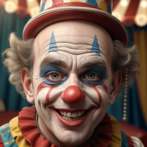 Prompt: Photorealistic closeup 3D portrait, a little person, old circus clown, full clown face makeup, faded 1800's circus outfit, Looney Toons style, circus tent setting, detailed facial wrinkles, joyful expression, vintage, high quality, colorful, realistic lighting, classic clown makeup, professional artwork, detailed textures, circus theme, happy atmosphere