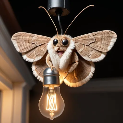 Prompt: Close-up photo-realistic, Looney Toons, profile portrait of a cute fuzzy brown and tan toned moth,( landing on the side) of a very large dimly lit lightbulb at night, front porch setting, ultra-realistic, high quality, detailed fur and wings, adorable, front porch, nighttime, warm lighting, realistic lighting effects, cute moth, fuzzy texture, lit lightbulb, detailed eyes, realistic moth wings, cozy atmosphere