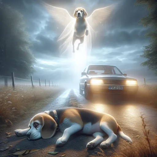 Prompt: 3D portrait, Fleischer style, Transparent winged ghost of a beagle puppy ascending toward a heavenly light, heaven from a dead beagle dog lying in front of a car on a country road, Beautiful Heavenly setting, dead dog, transparent dog ghost ethereal scene, serene, somber, sad atmosphere, soft lighting, hi res