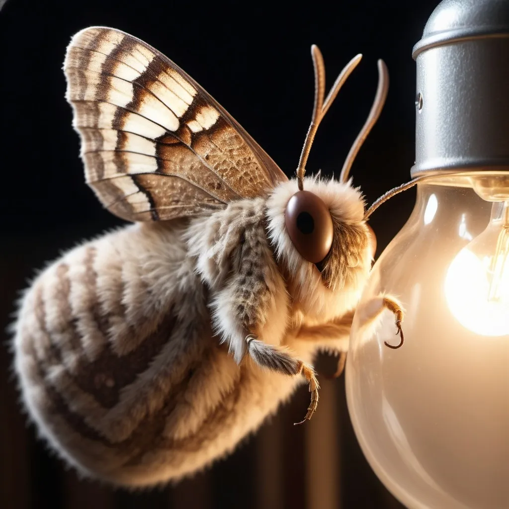 Prompt: Close-up photo-realistic, Looney Toons, (profile portrait) of a cute fuzzy brown and tan toned moth,( landing on the side) of a very large dimly lit lightbulb at night, front porch setting, ultra-realistic, high quality, detailed fur and wings, adorable, front porch, nighttime, warm lighting, realistic lighting effects, cute moth, fuzzy texture, lit lightbulb, detailed eyes, realistic moth wings, cozy atmosphere