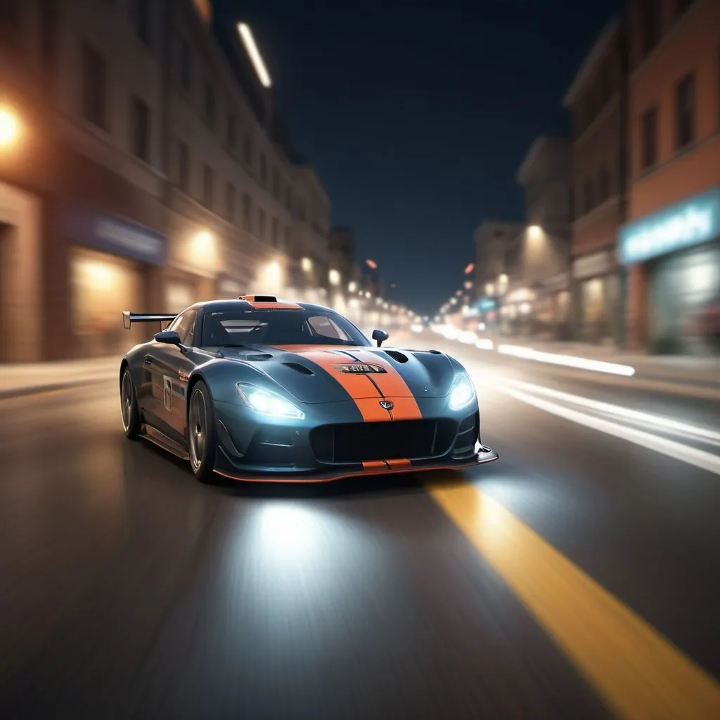 Prompt: Photo realistic, tracking shot, racing speed lines, motion blur, a race car driving fast down a street at night 