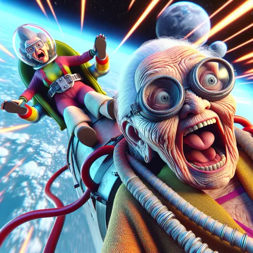 Prompt: 3D portrait, Fleischer Cartoon style, perspective View from above, 100 year old very old wrinkled old lady wearing goggles screaming strapped  vertically to the outside of a big very fast moving rocket  hurtling  straight toward the viewer, earth recedes in the background, humorous, exaggerated facial expression, moon, outer space setting, realistic details, realistic facial features, vibrant colors, hi res