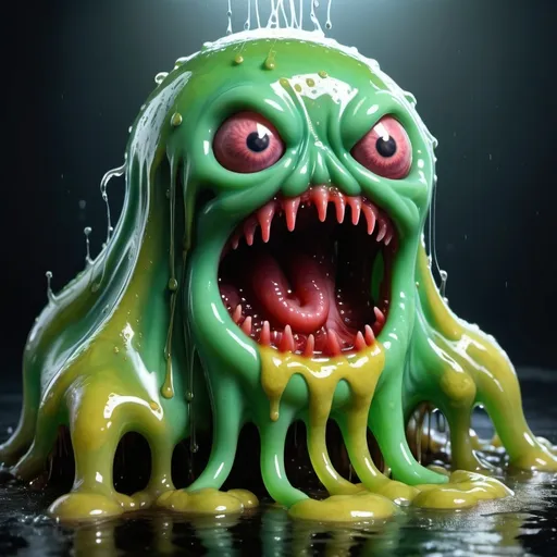 Prompt: Photo realistic, wet drippy slimy jelly monster gelatinous oozing bogey man Blob attacking small children, frightening