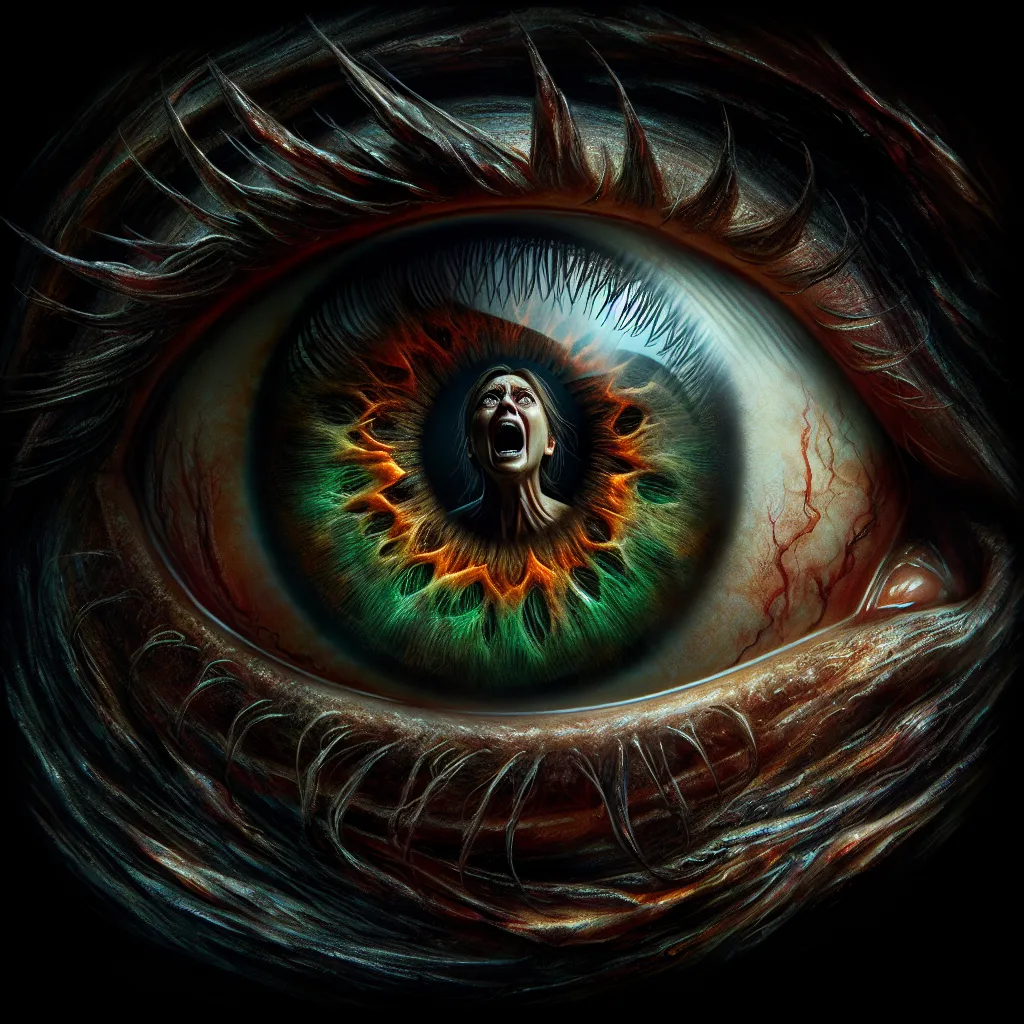 Prompt: An evil monster's eye, in the eye is a reflection of a woman screaming