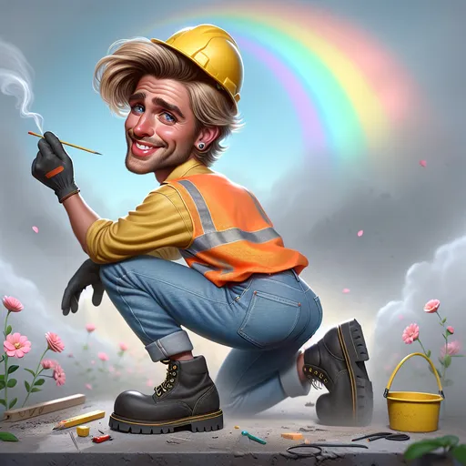 Prompt: 
Closeup Ultra Realistic Whimsical caricature of a cheeky male construction worker with expressive, blonde hair, blue jeans yellow hard hat, and a yellow and orange safety vest. he is in a dynamic pose a job site small flowers  rainbow in the background. he is wearing black boots, background misted soft muted colours chic art cool vibes