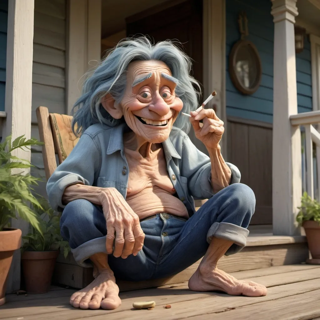 Prompt: Disney pixar comical character, 3d render style, very deeply wrinkled skinny 100 year old, sitting on a porch old hippy lady (smoking a big weed joint), smiling, crazy long messy hair, blue jeans, bare feet, many finely detailed exaggerated deep wrinkles, extra wrinkles, detailed craggy facial features, whimsical, cinematic colors, front porch setting, smoke in background