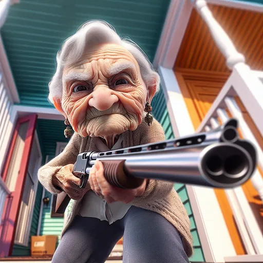 Prompt: 
Looney Toons, photo realistic, 3D, View from below, a little person,  100 year old wrinkled woman, grumpy wrinkled old woman pointing a.bigndouble barrel shotgun at the viewer, front porch setting, action scene, humorous, funny exaggerated facial features, vibrant color, professional