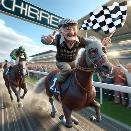 Prompt:  3D perspective realistic portrait, Fleischer Cartoon style, a little person, little wrinkled old 100 year old man, jockey, excited, racing a horse over the finish line very fast toward viewer, checkered flag, race day, horse track setting, audience, speed blur lines, vivid colors, hi res