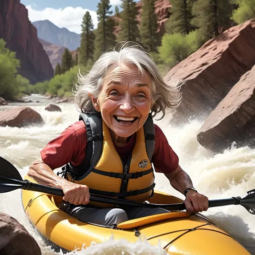 Prompt: 3D extreme closeup, realistic style, full body View eye level, a little person, a happy wrinkled older woman big smile dentures wearing outdoor gear, paddling a kayak through very rough river rapids, (awkwardly plunging toward the viewer), water splashing, whitewater, intense action scene, realistic facial features, natural scenery, forest, rocks, intricate details , raging Colorado river setting, hi res, vibrant color