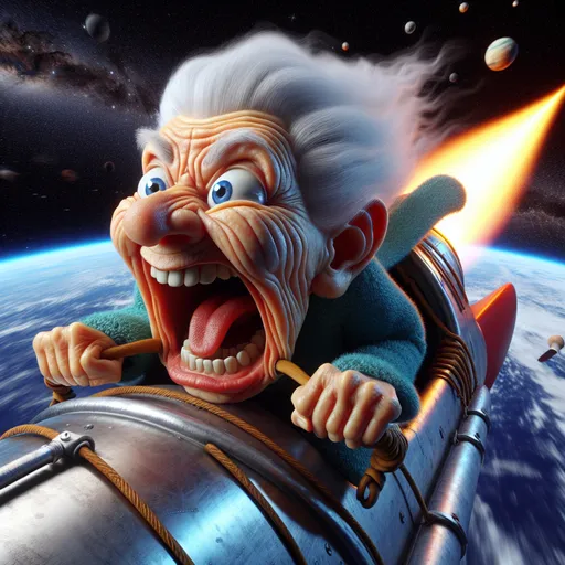 Prompt: 3D portrait, Fleischer Cartoon style, View from above, 100 year old very old wrinkled old lady screaming tied to the side of a fast rocket  hurtling toward the viewer, earth recedes in the background, humorous, exaggerated facial expression, moon, outer space setting, vibrant colors, hi res